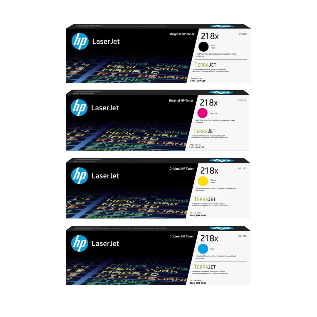 HP 218X High-Yield Toner Cartridge 4-Pack (Black, Cyan, Magenta, Yellow) | Compatible Color LaserJet Pro 3201 & MFP 3301 Series Printers | W2180XQ1 Combo Pack