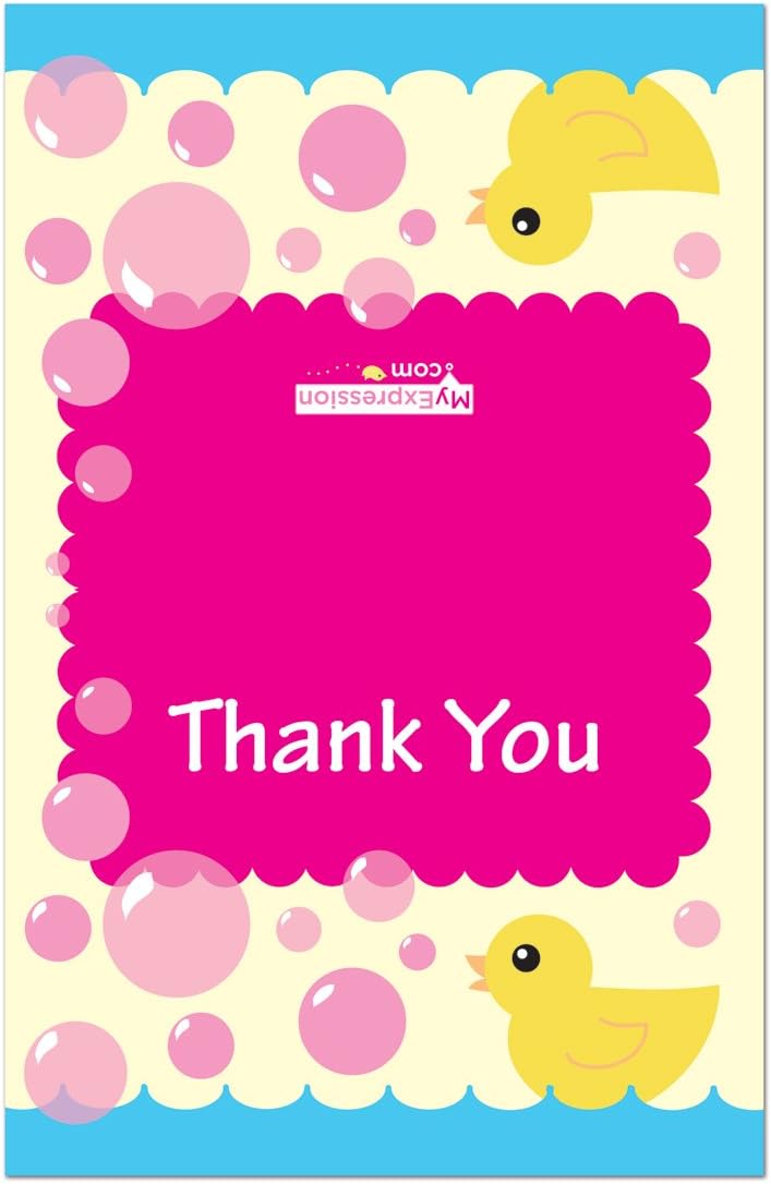 50 Cnt Yellow Duck Pink Bubbles Baby Thank You Cards