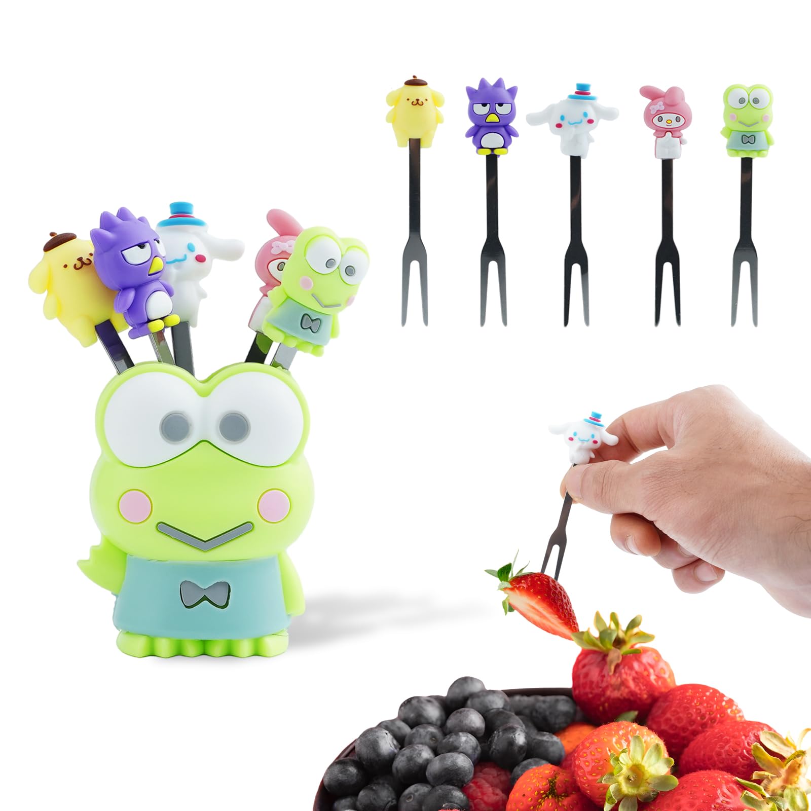 Cartoon Mini Fruit Fork, Cute Set of 6 Fruit Forks with Holder Stainless Steel Food Pick Forks for Kids Home (Cha-SRO)