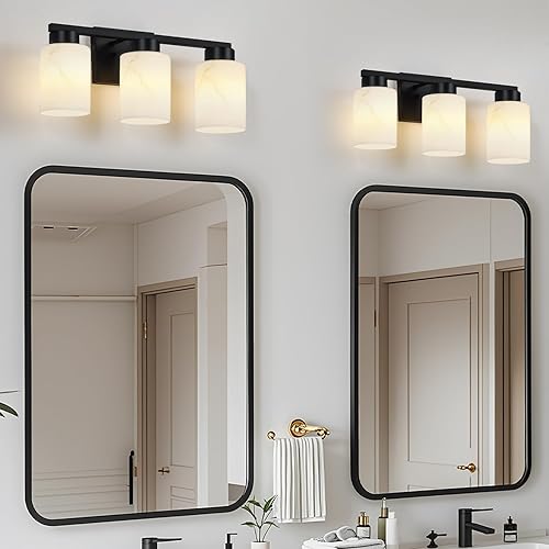 Miniatura 7 de Lámparas de baño de 3 luces, luces modernas de tocador, lámpara de pared de metal negro con vidrio artístico hecho a mano para baño, espejo, sala de
