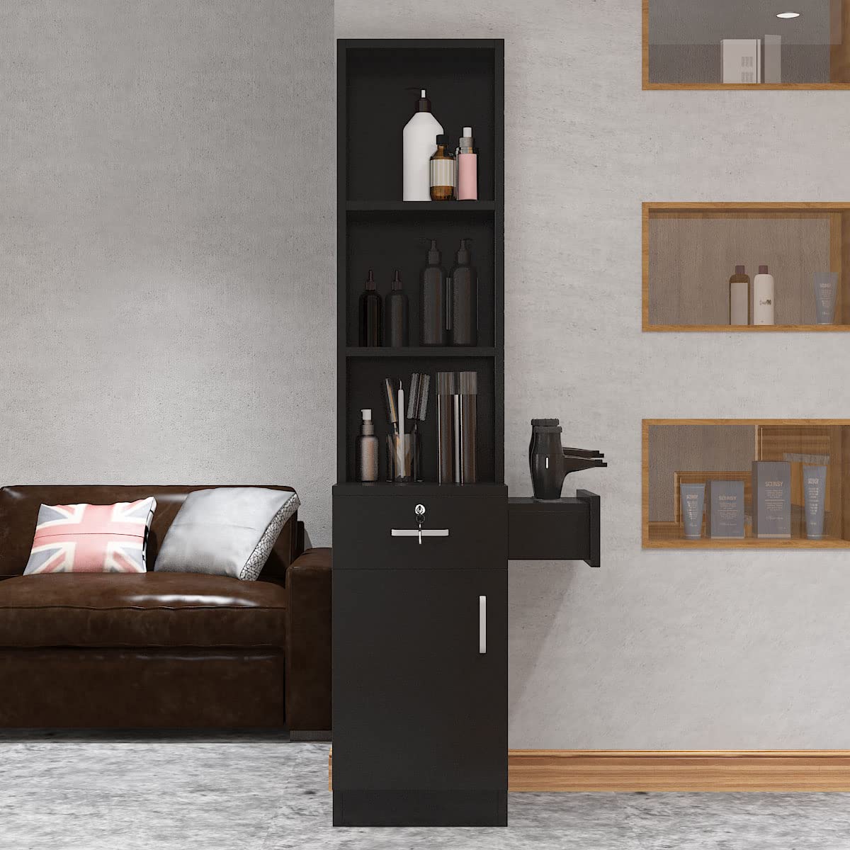 Paddie Locking Wall Mount Barber Salon Station, Hair Salon Storage Cabinet Beauty Salon Stations w/Appliance Holders/Lockable Drawers/Storage Cabinet (Black) : Beauty & Personal Care