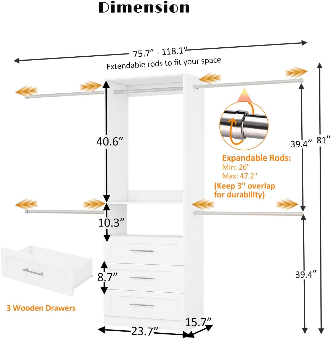 Closet System, 4FT-9FT Closet Organizer System with 3 Wooden Drawers Walk-in Closet Storage System with 5 Expandable Hanging Rods Wall Mount White