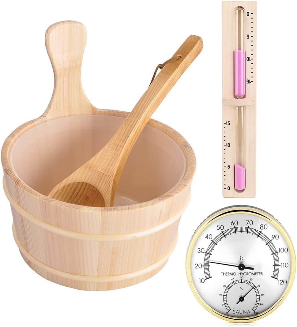 Sauna Bucket and Ladle Set,5pcs 4L Sauna Bucket Wooden Bucket Sauna Accessories Wood Bucket Sauna Kit Cedar Sauna for Home(Sauna Bucket+Sauna Ladle+Sauna Thermometer Hygrometer+Hourglass+Attachment)