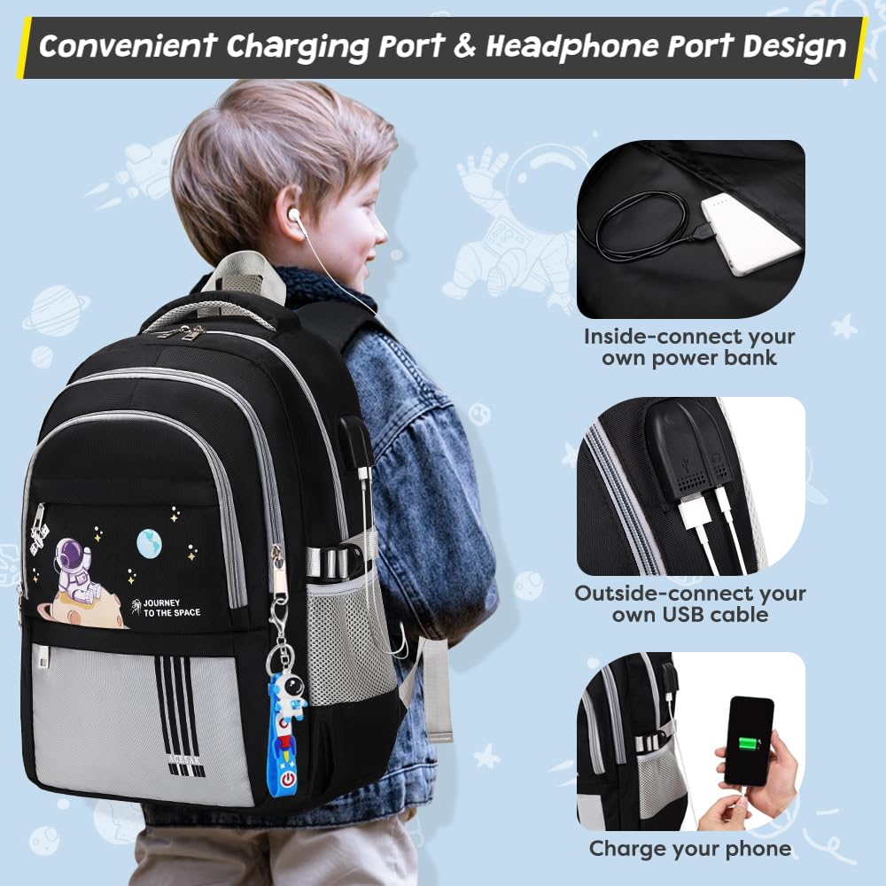 ACESAK Zaino per ragazzi – Zaino per bambini con borsa per il pranzo – Set di libri per bambini ragazzi ragazze adolescenti scuola elementare media, Grigio, Large, Zaini Daypack