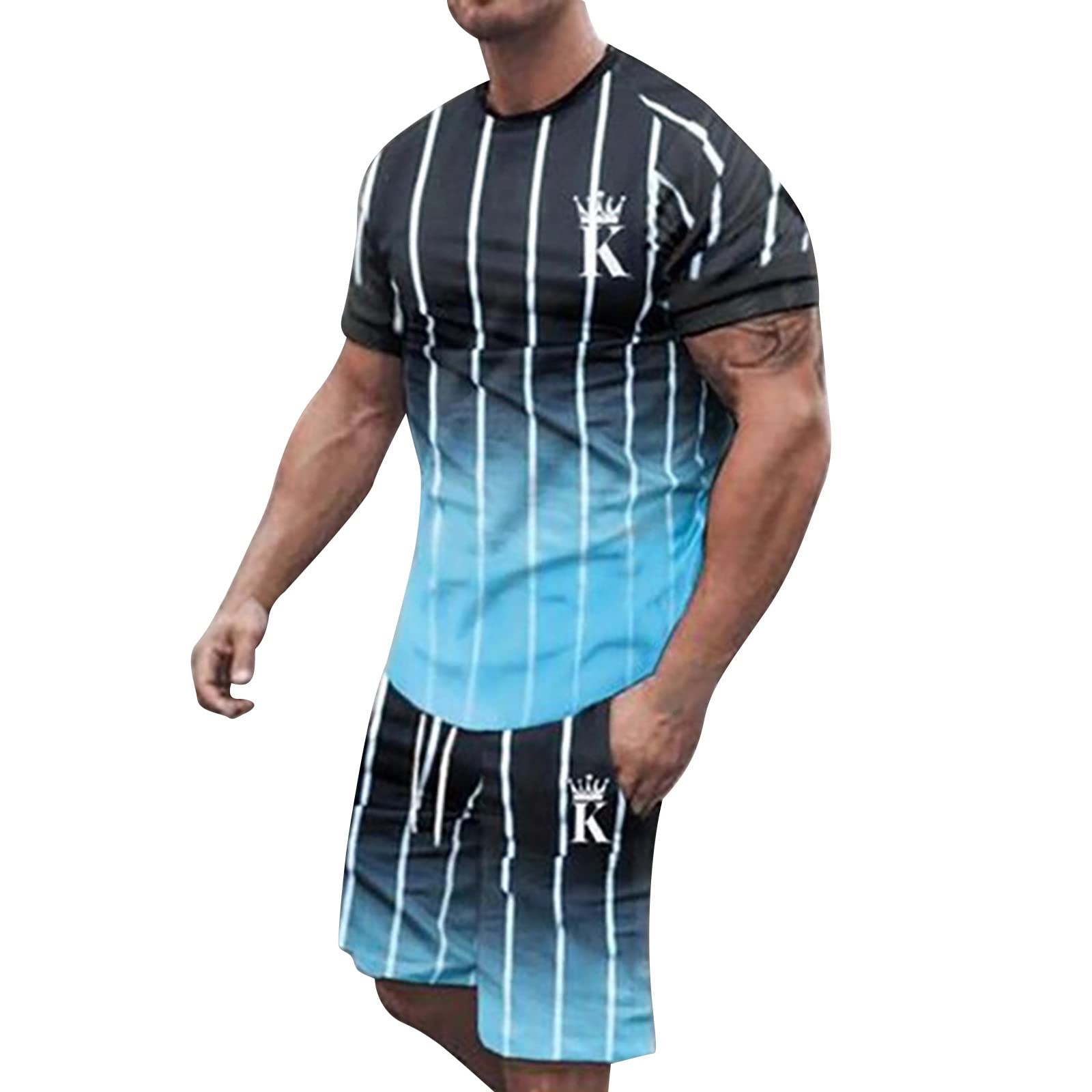 Generic Conjunto de deporte para hombre, ropa deportiva corta para hombre, juego de pantalones cortos, camisetas de manga corta con cuello redondo + pantalones cortos, traje de ocio, traje deportivo de moda