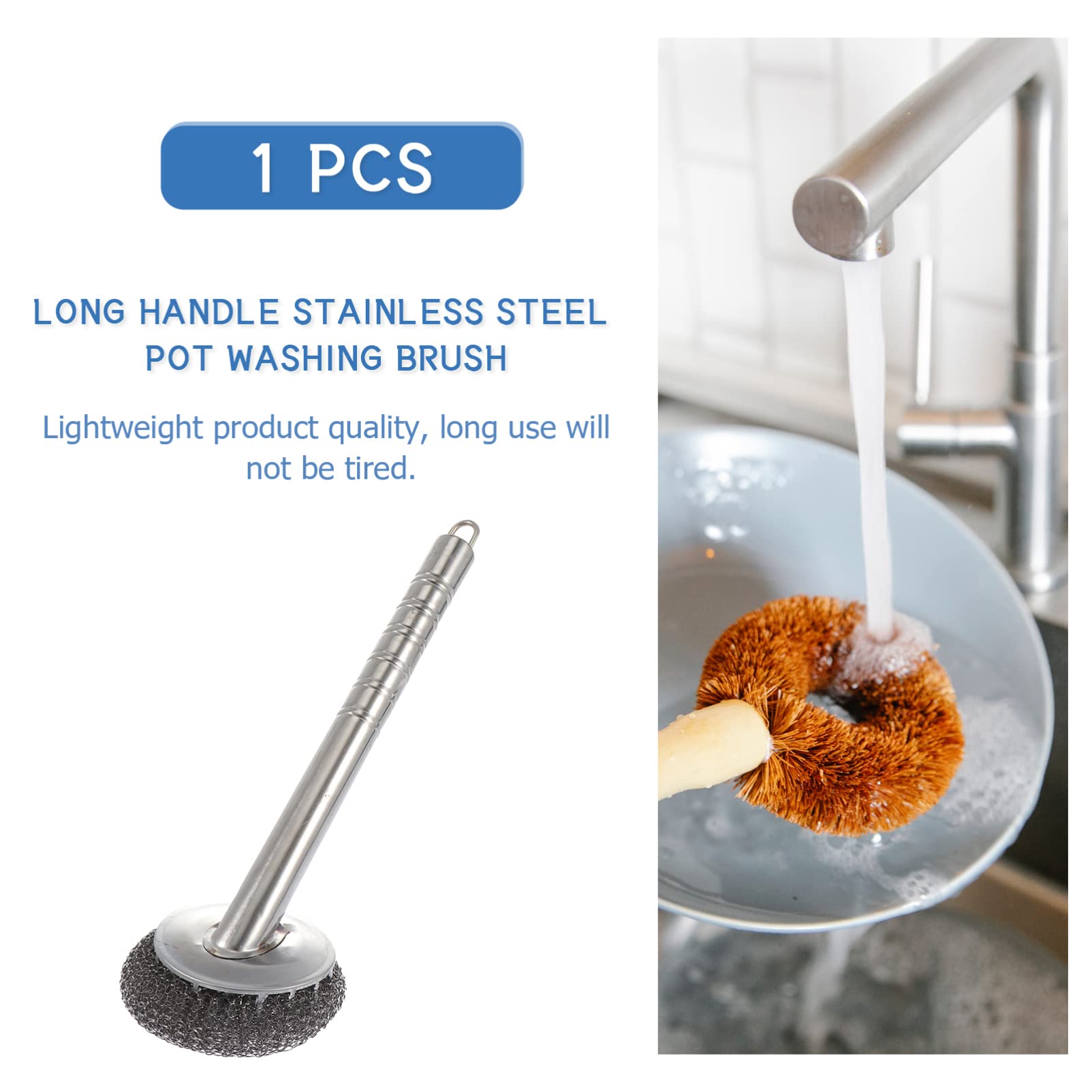 Luxshiny Dishwasher Cleaner Stainless Steel Sponges Scourer with Handle Pot Brush Metal Scouring Pads Kitchen Cleaning Tool Kitchen Scouring Cleaners Silver Dishwasher Detergent - Image 3