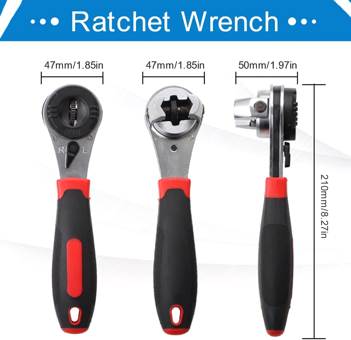 Diagram illustrating the dimensions of the Ghopy Adjustable Ratchet Wrench from various perspectives.