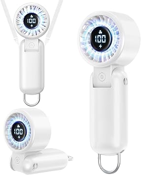 Portable HandHeld Turbo Fan - Foldable Personal Fan with LED Display, 5 Speeds, Lanyard, USB Rechargeable, Strong Airflow, Mini Pocket Fans Gifts for Women/Men, Travel, Vacation, Concerts, Lash, Beach