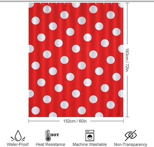 Miniatura 2 de Juego de cortinas de ducha de lunares rojos y blancos, 60 x 72 pulgadas, impermeables, lavables, cortinas de baño con 12 ganchos