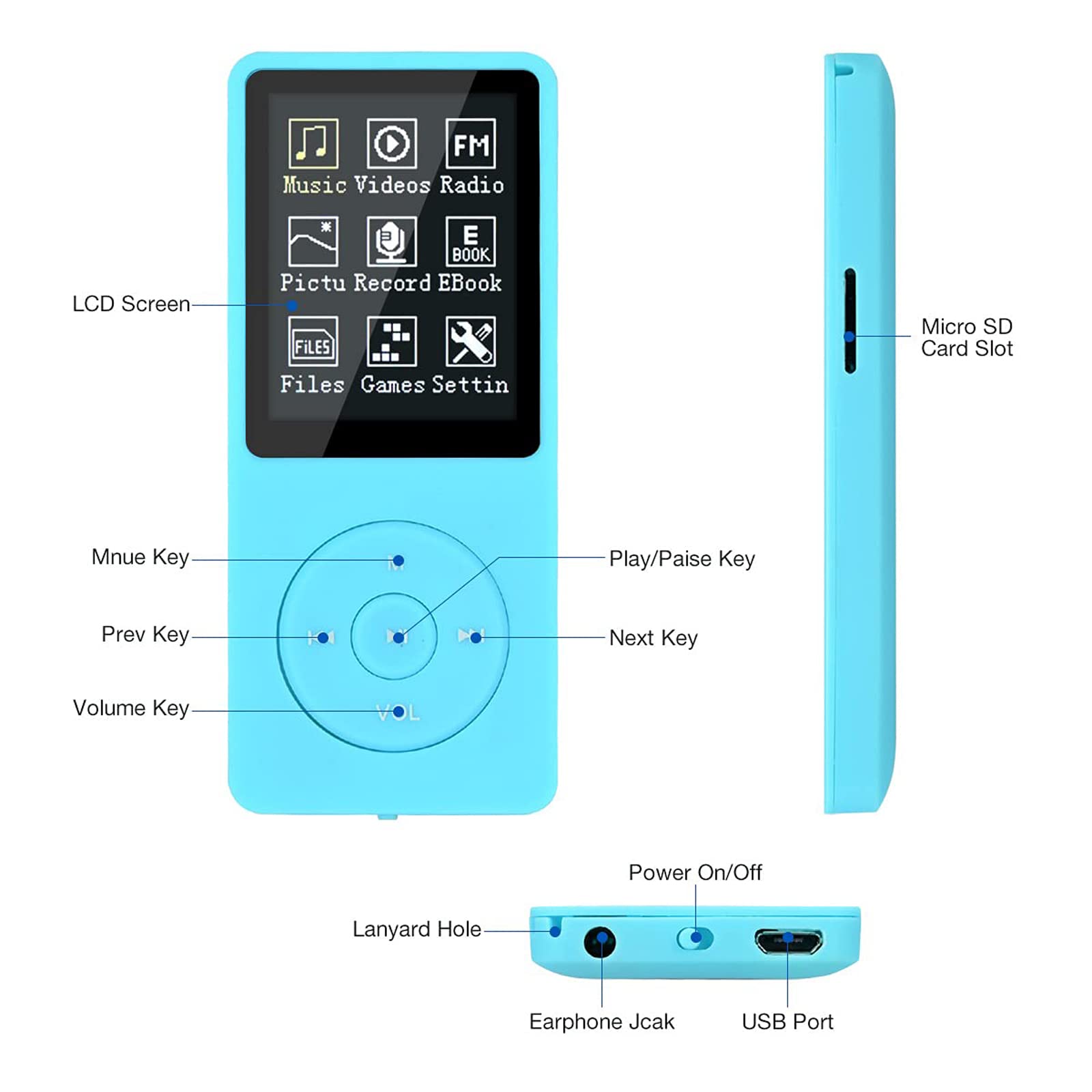 Lychee Lettore MP3, Lettore MP3/MP4, Lettore musicale digitale, 8 GB, Suono HiFi portatile, Suono senza perdite, Lettore musicale con musica/video/registrazione vocale/Radio FM/Lettore E-Book