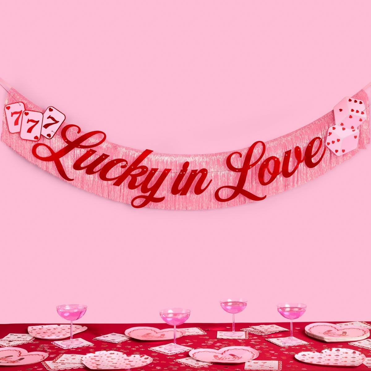 xo, Fetti Lucky in Love Fringe Banner - Red Foil & Pink Iridescent, 5 Ft. | Western Bachelorette Party Decoration, Vegas Sign, Casino Photoshoot Backdrop, Cute Cherry Decor