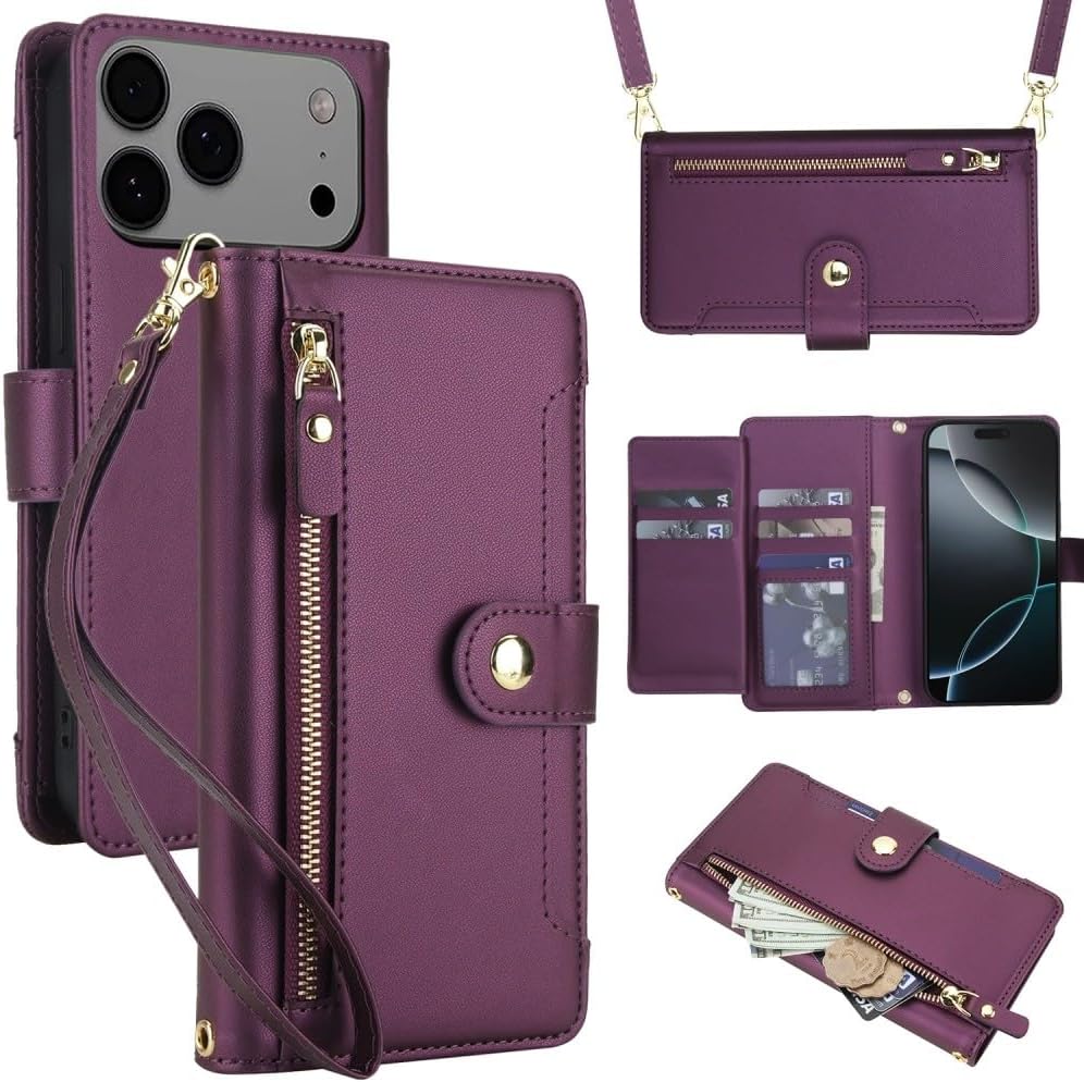 case Compatible with for iPhone 16 Pro Max (Color: Dark Purple) – Zipper Wallet Case Flip Leather Cover Strap