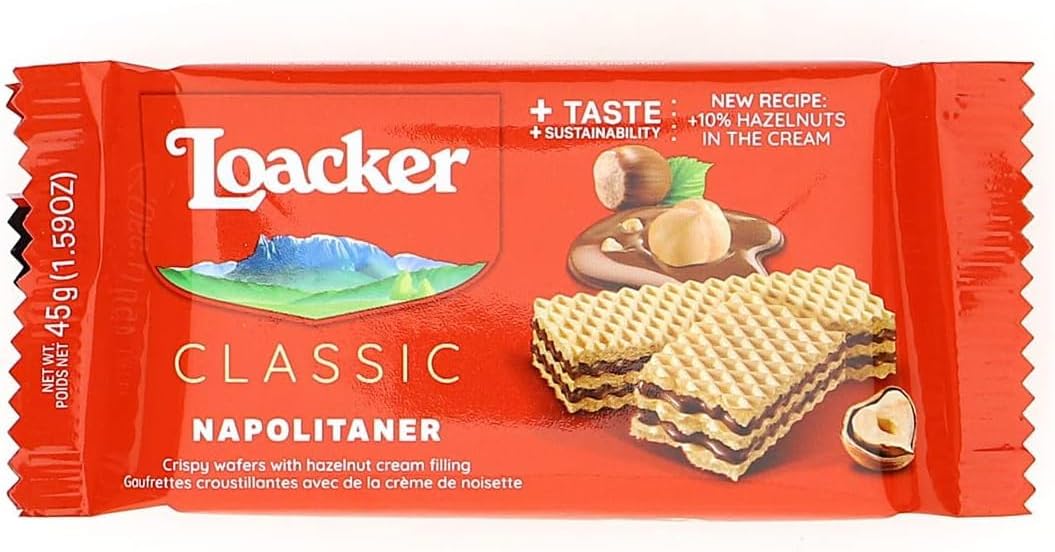 Loacker, Classic Napolitaner Display, Wafer Classico con 3 Strati di Cialde Farcite con Crema alla Nocciola, Merenda e Snack, 25 Confezioni da 45g l'una - Immagine 2
