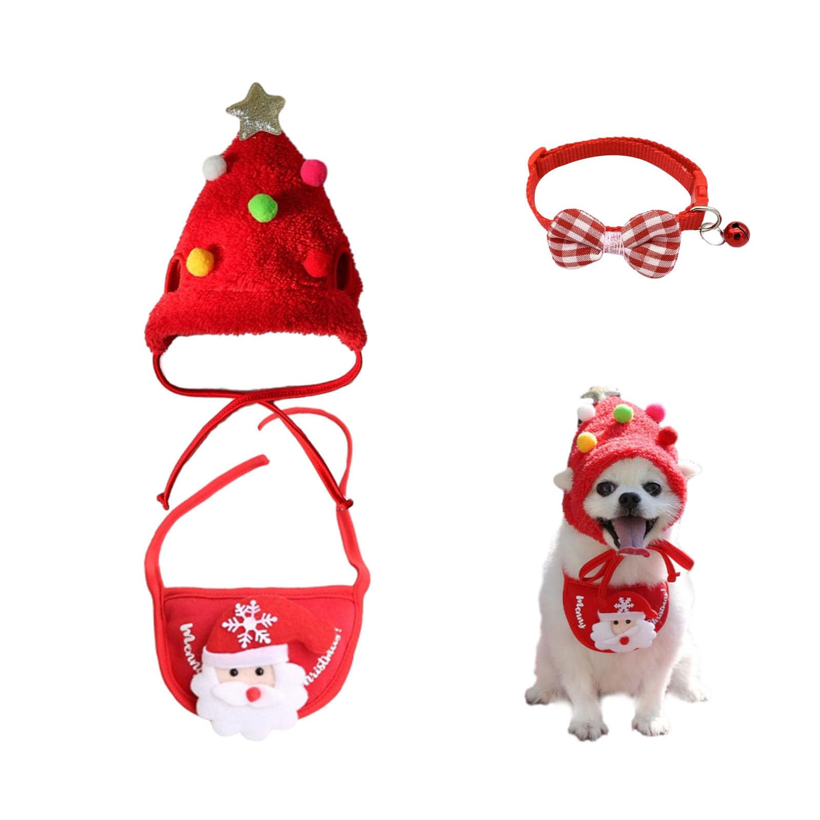 Adorable Christmas Tree Pom-Pom Hat, Funny Soft Pet Hat for Dogs Party Plush Headgear, Pet Christmas Hat, for Pets Dog Cat Xmas Costume Set (Red, L)