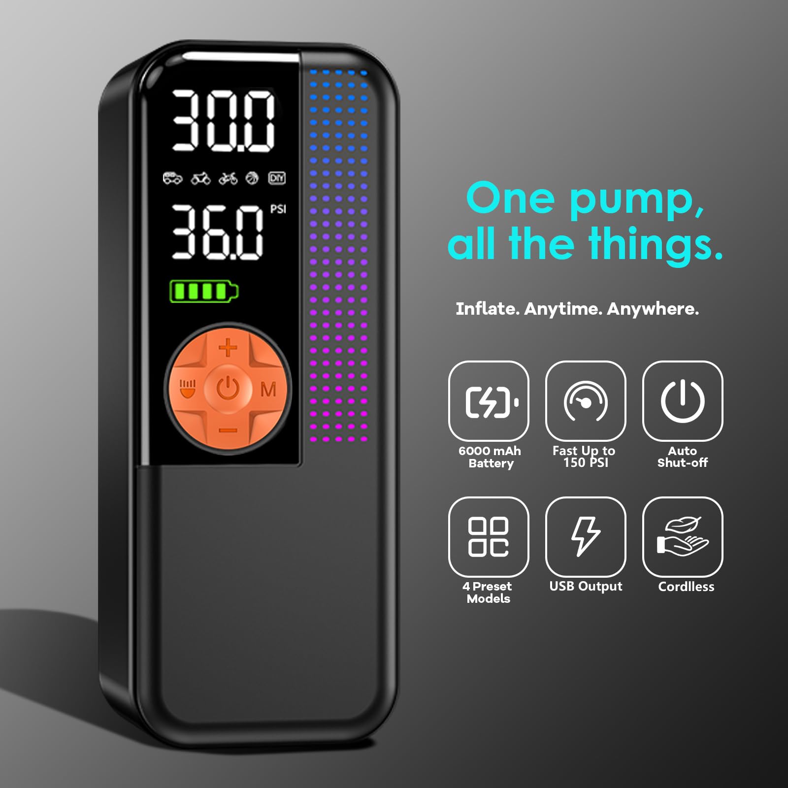 Portable Tire Inflator Air Compressor 150 PSI Cordless Air Pump 6000mAh Battery 12V Car Outlet Digital Pressure Gauge — view 2