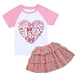 Lukiwel Valentines Toddler Girls Fashion 2pcs Skirt Set Bow Heart Raglan Short Sleeve Shirt Dress Cotton Outfit Clothes 4t