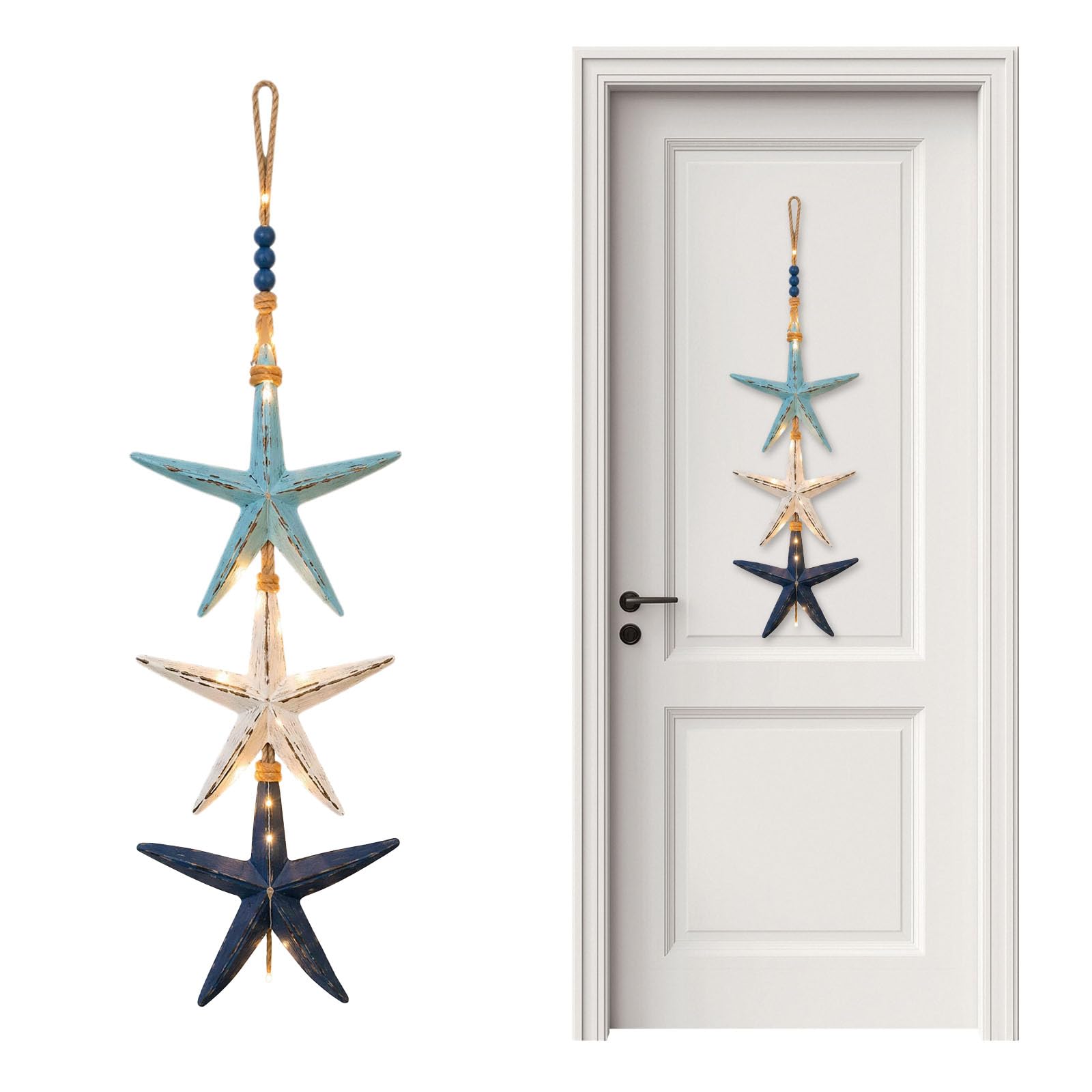 Lighted Wooden Fish & Starfish Hanging Decor, Nautical Coastal Decor