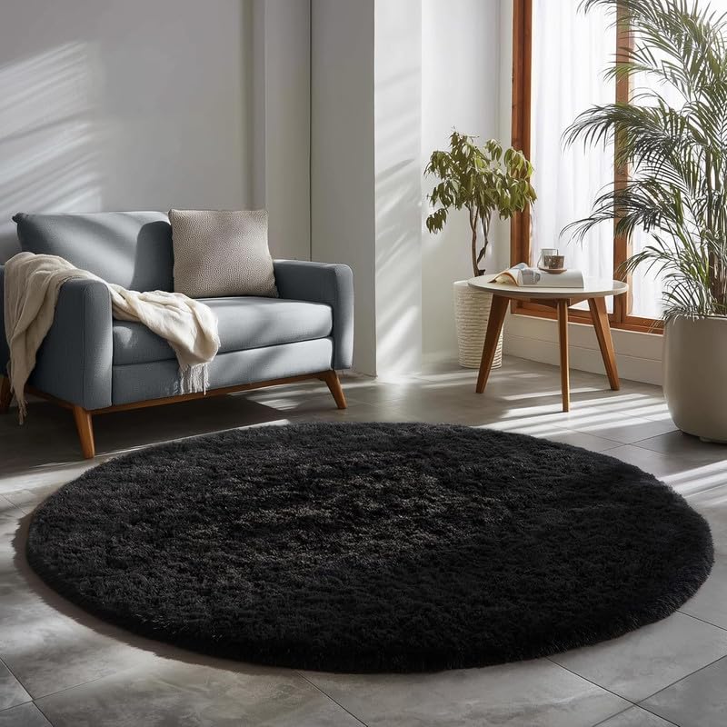 Image of Round Plain Fur Rugs for Hall and Drawing Room 7x7 Ft Modern Home Decor Handwoven Extra Comfy Premium Shag Black Color