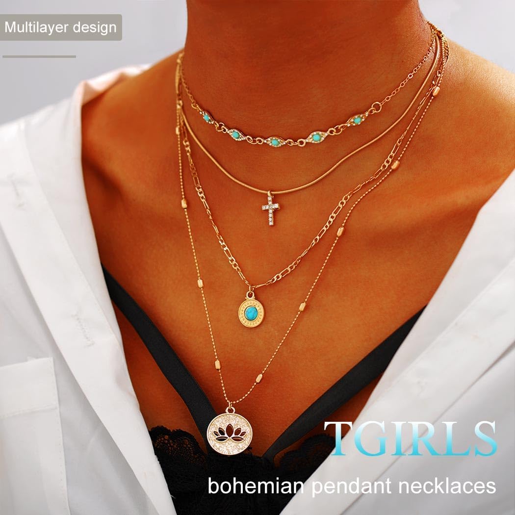 Tgirls Gold Multilayer Necklace Boho Turquoise Choker Necklaces Cross Pendant Necklace Jewelry - Image 3