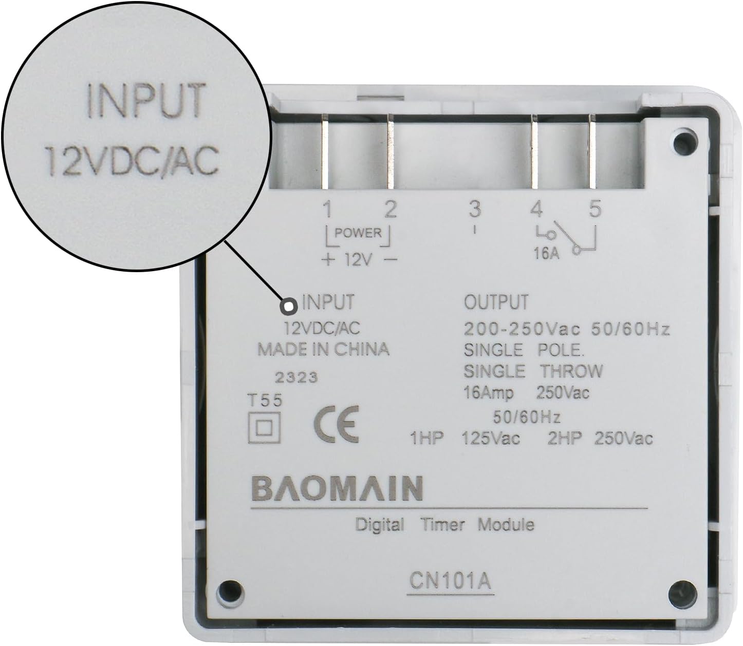Baomain CN101A Digital LCD Programmable Timer back view with input/output specifications