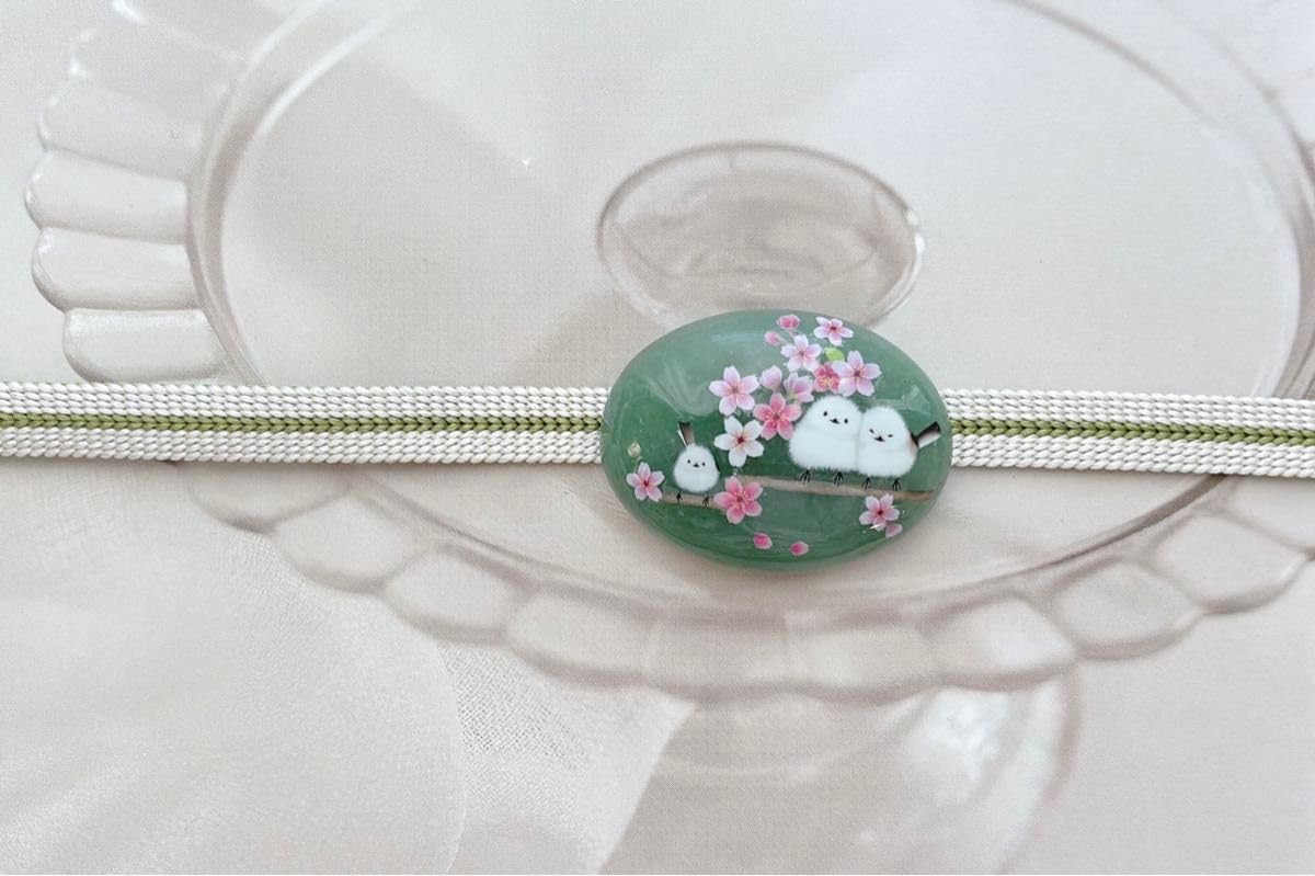 ☆〜天然石グリーンアペンチュリン桜と菜の花帯留め40×30〜☆ ☆〜天然石グリーンアペンチュリン桜と菜の花帯留め40×30〜☆