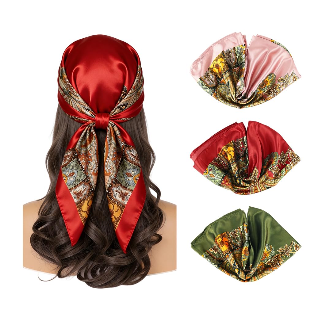 sannidhi 3pcs Satin Head Scarf for Women Stylish Silk Feel Square Scarves Retro Floral Print Neck Hair Scarf for Women - Soft & Lightweight, 90×90cm-picture-47