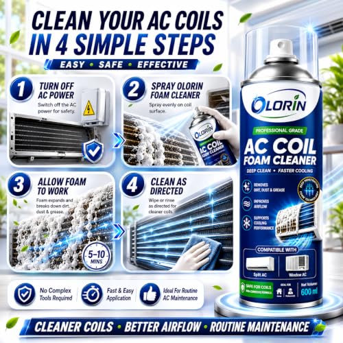 Image of Olorin AC Coil Foam Cleaner Spray 600ml | Deep-Cleaning Foam For Split & Window ACs | Removes Dirt, Dust & Grease From AC Coils | Improves Airflow & Cooling | Safe For Aluminium & Copper Coils