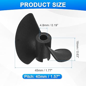 sourcing map 2pcs RC Boat Propeller, 2 Blades Propellers 4.8mm Hole Dia 45mm OD 40mm Pitch CW Clockwise Rotating Drill Propeller for RC Boat, DIY Ship Model, Black