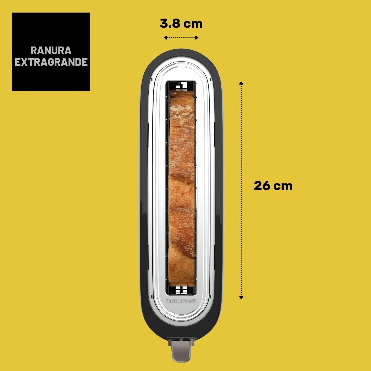 Taurus, Tostadora Mytoast Nero 1000W, 7 Niveles de Tostado, Ranura Extralarga 26x3.8, Sistema Autocentrado, Bandeja Recogemigas, Elevación Extra, Recoge Cable, Pies Antideslizantes