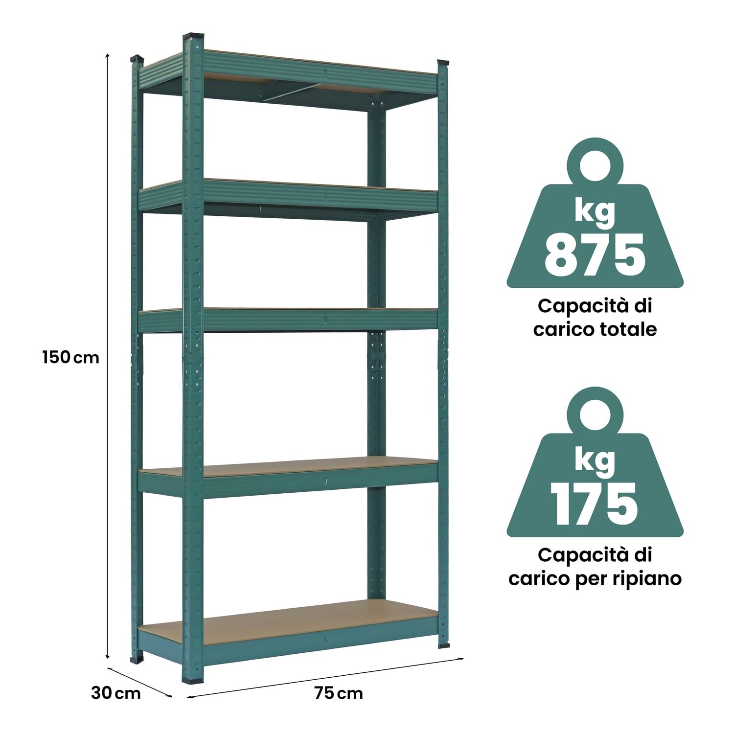 Brigros - Set Scaffali In Metallo 150x75x30cm Portata Totale 875 Kg, 5 Ripiani MDF, Carico Per Ripiano 175 Kg Scaffale Salvaspazio Per Garage, Officina, Cantina, Magazzino (Verde)
