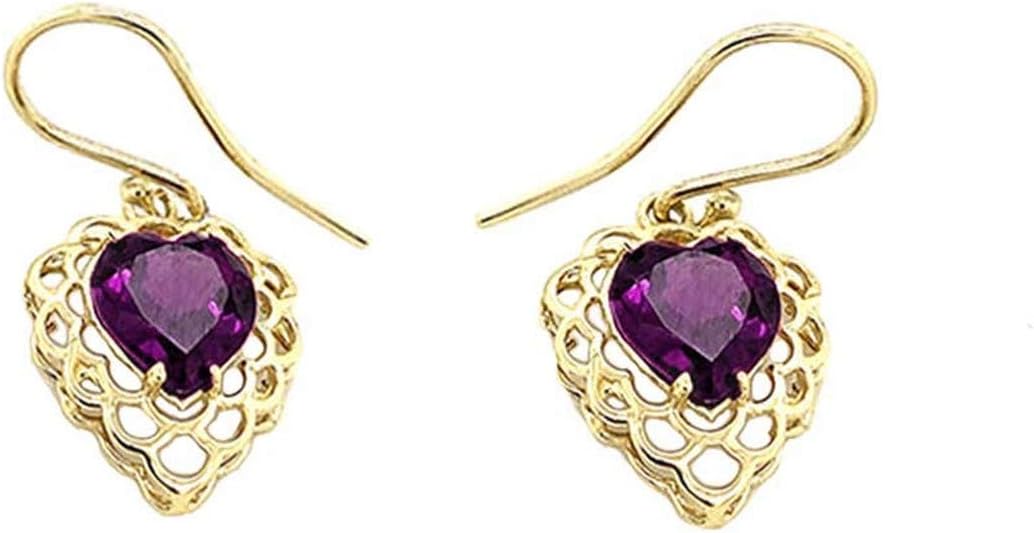 Certified 14k Gold Genuine Amethyst Fligree Heart-Shaped Dangle Earrings