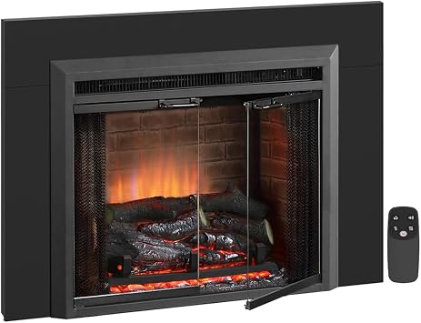 PuraFlame Klaus 23 Electric Fireplace Insert with Trim Kit, Fire Crackling Sound, Resin Log, Glass Door and Mesh Screen, 750/1500W Heater, Black