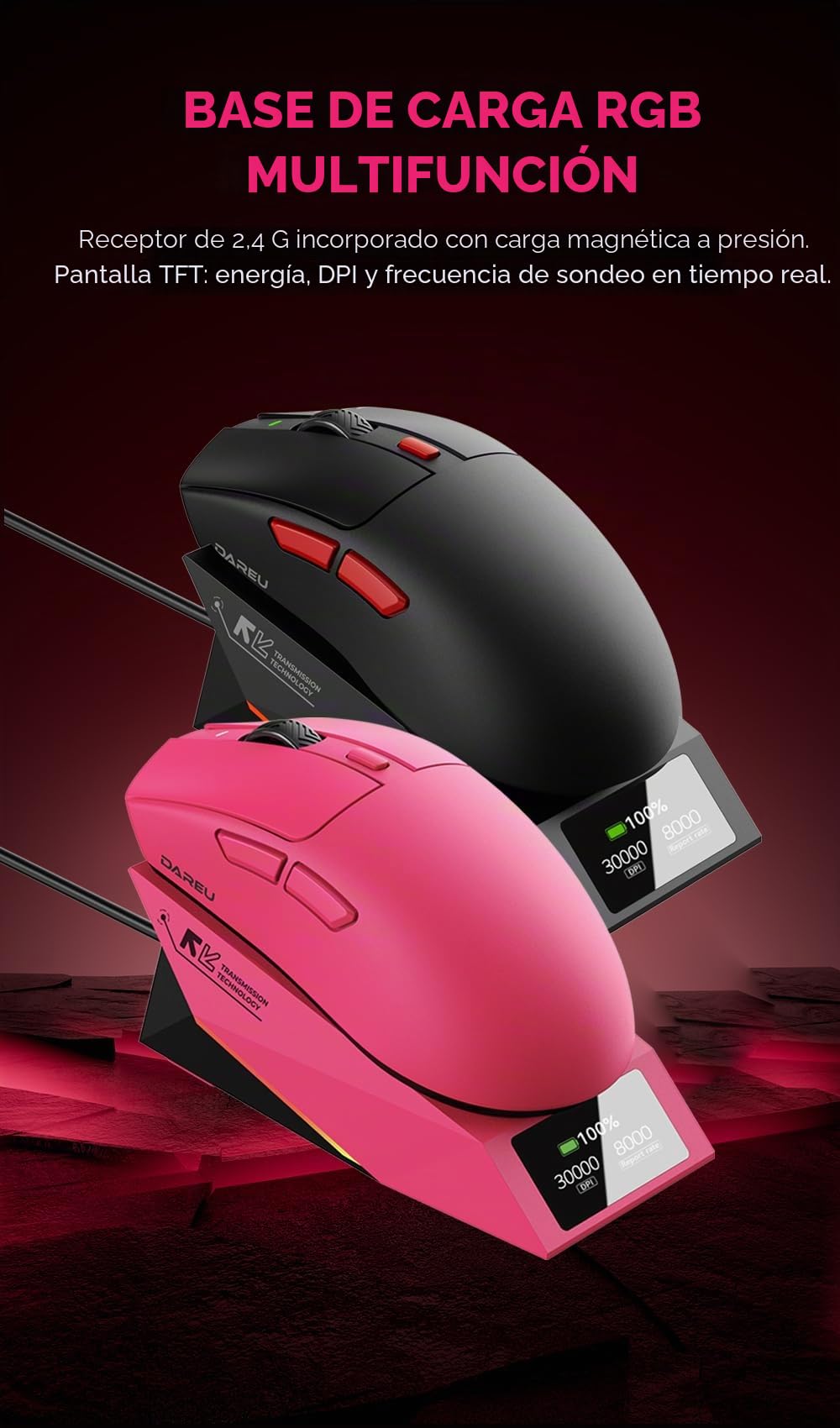 DAREU AE6 Pro - Ratón inalámbrico para juegos, sensor personalizado PAW3950 30K, sondeo dual 8K inalámbrico/con cable, peso ligero, base de carga de pantalla, revestimiento excímero, conexión de 3