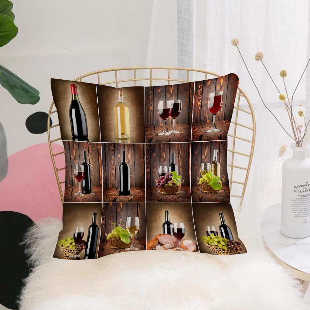 HYMSXW Cushion Cover,Throw Pillow Case Home Decorative for Living Room Bedroom Sofa Chair 20X20 Inch,Wine Print Area Rug Wine Themed Collage on Wooden Backdrop with Grapes and Meat,Pillowcase 50X50cm