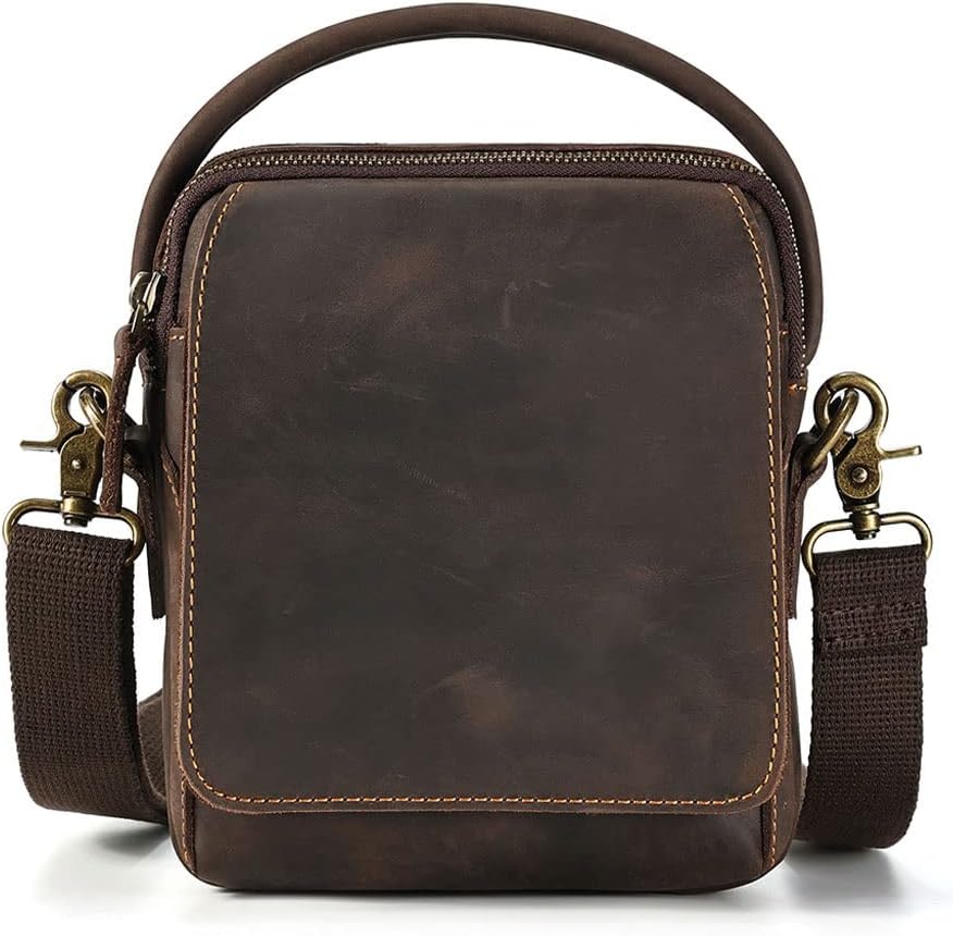 Leather Men's Shoulder Bag Vintage Small Flap Business Travel Handbag Messenger Crossbody Bags for 7.9"
