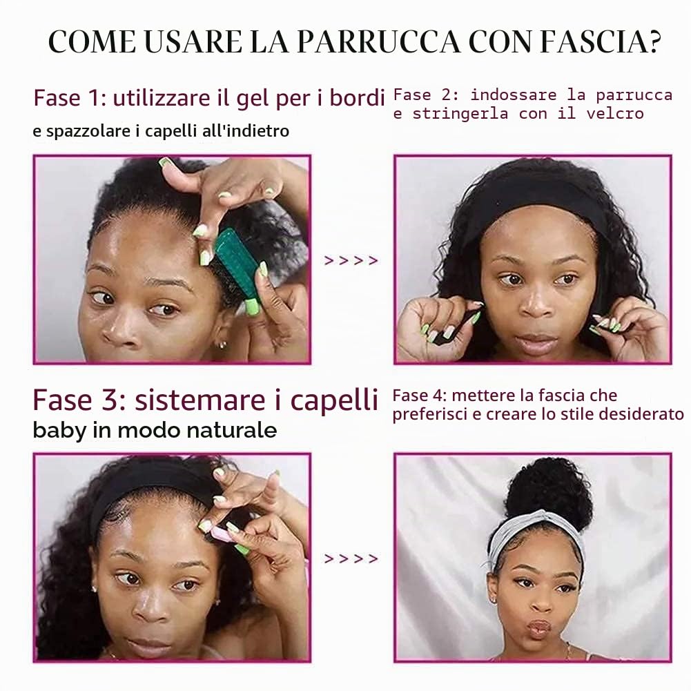 Parrucca Fascia Capelli Donna Brasiliana Yaki No Lace Frontale Headband Wigs Parrucche Dei Capelli Umani Per Le Donne Donne Nere Colore Naturale 180% Densità 12 Pollici Kinky dritto Half Black Wig