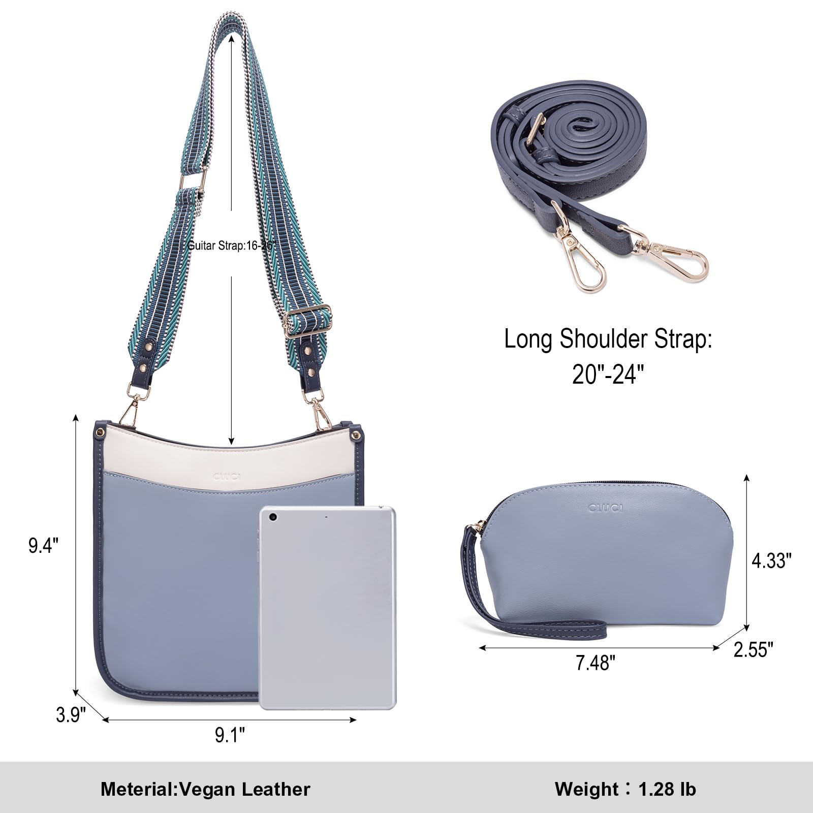CLUCI Purses for Women, Vegen Leather Crossbody Bags for Woman Trendy, 2PCS Hobo Handbag with 2 Adjustable Guitar Strap: Blue and White