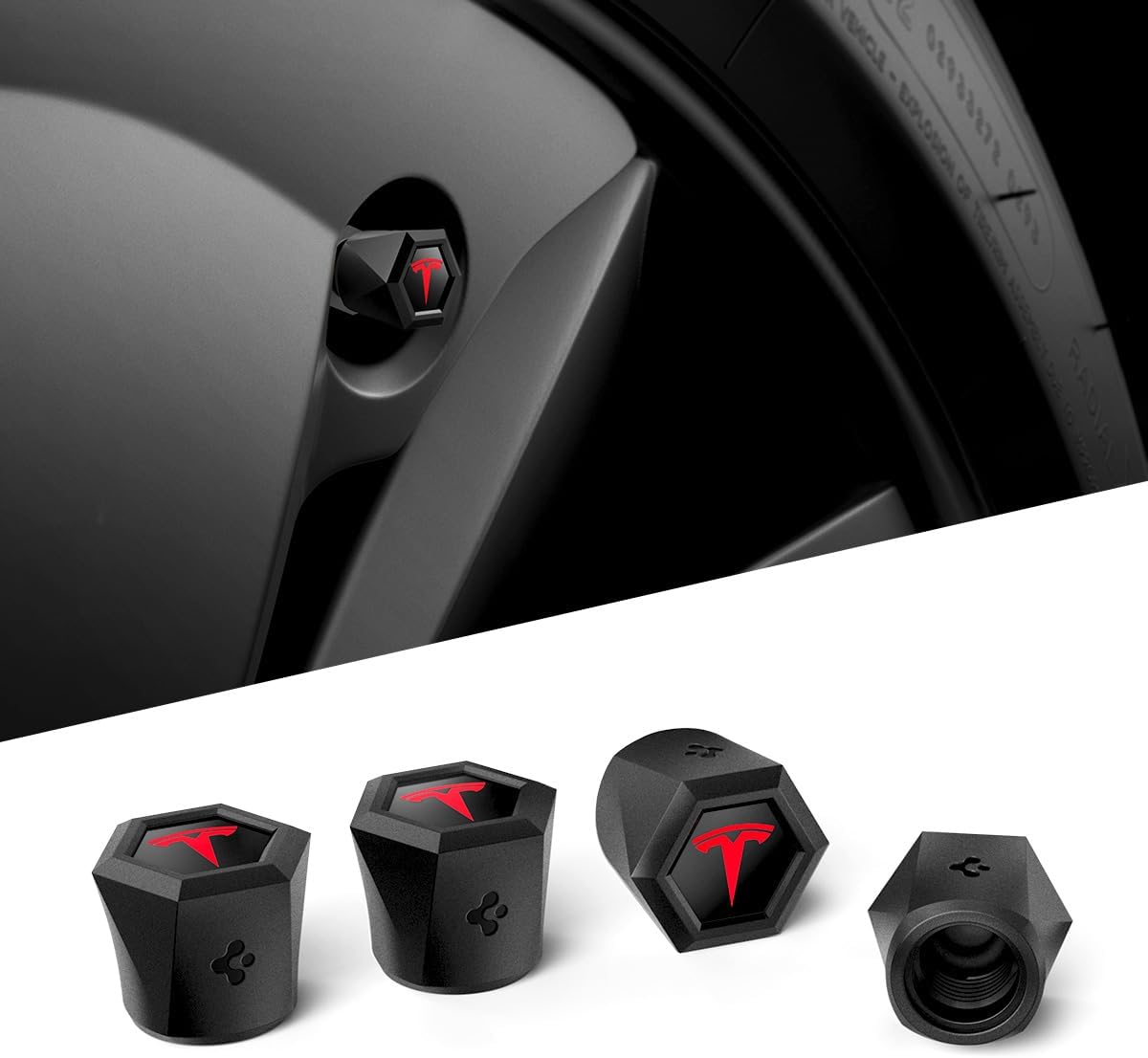 Spigen Magnetic Car Tire Valve Caps in Carbon Black (Never Lose, Fade Resistant) for Schrader Valve Stem Caps - 4 Pack