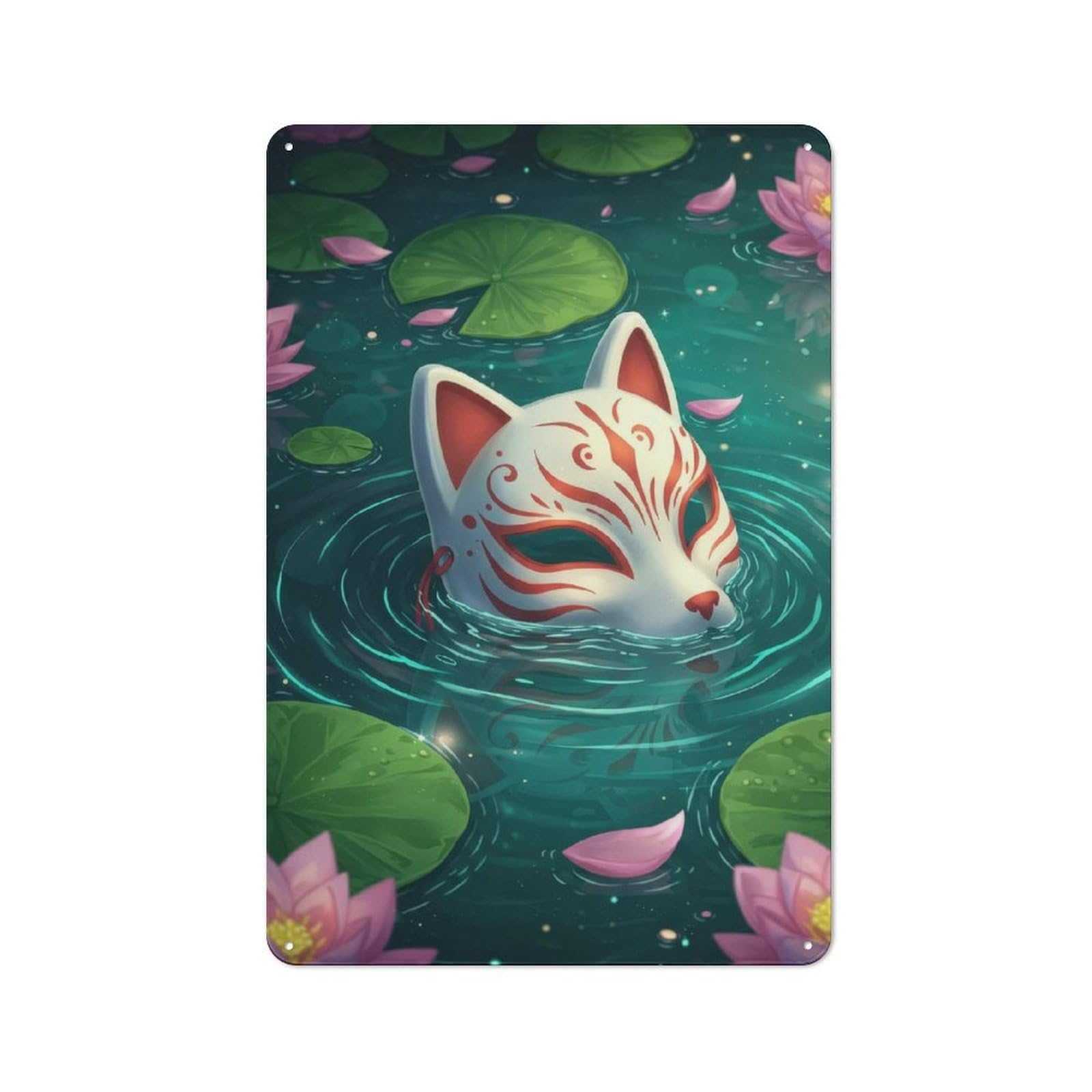 Junmoney Fox Mask In Lily Pond 30X20cm Rustic Metal Sign With For Home Office Or Studio, Gift For Studio Owners During The Christmas Season