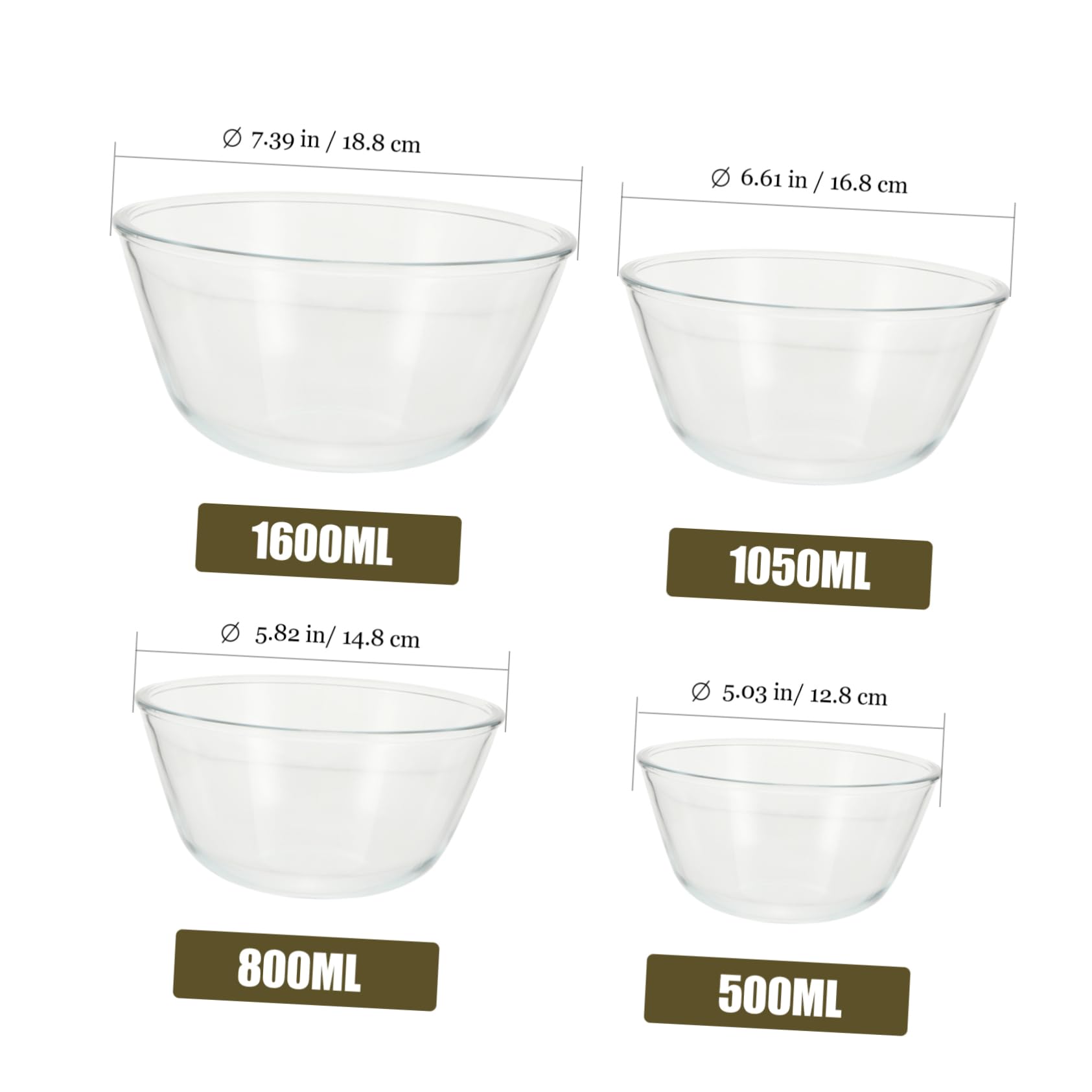 ULTECHNOVO 4 Stück Glas Schüssel Transparent 500ml bis 1600ml | Kaltbeständig und Dickwandig, für Küche und Speisen, Klare Form in Vier Größen