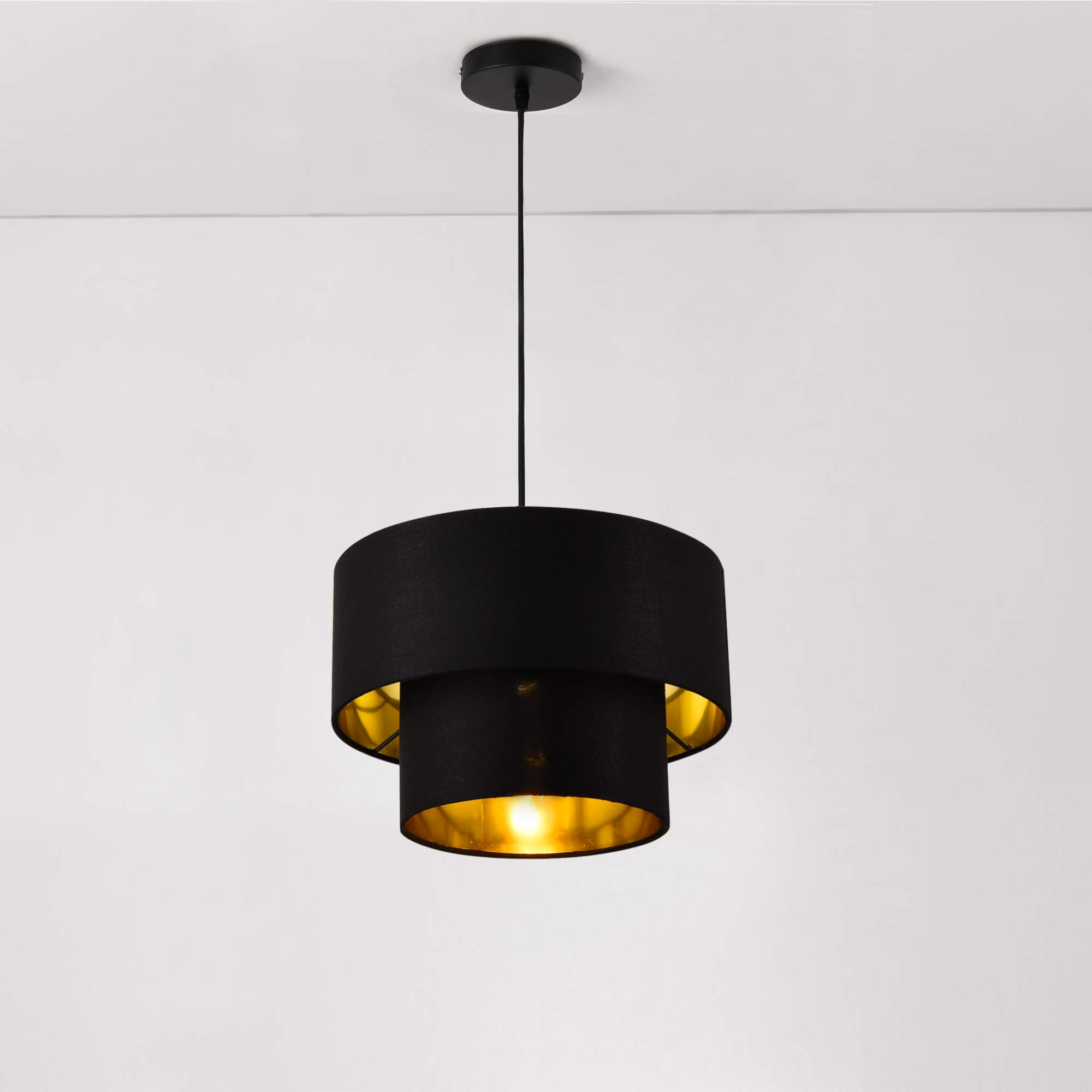 lux.pro Lampada a Sospensione con Doppio Paralume Cilindrico Ø 30 cm in Tessuto Lampadario ad Altezza Regolabile Lampada da Soffitto per Soggiorno Salotto Ingresso - Nero/Oro