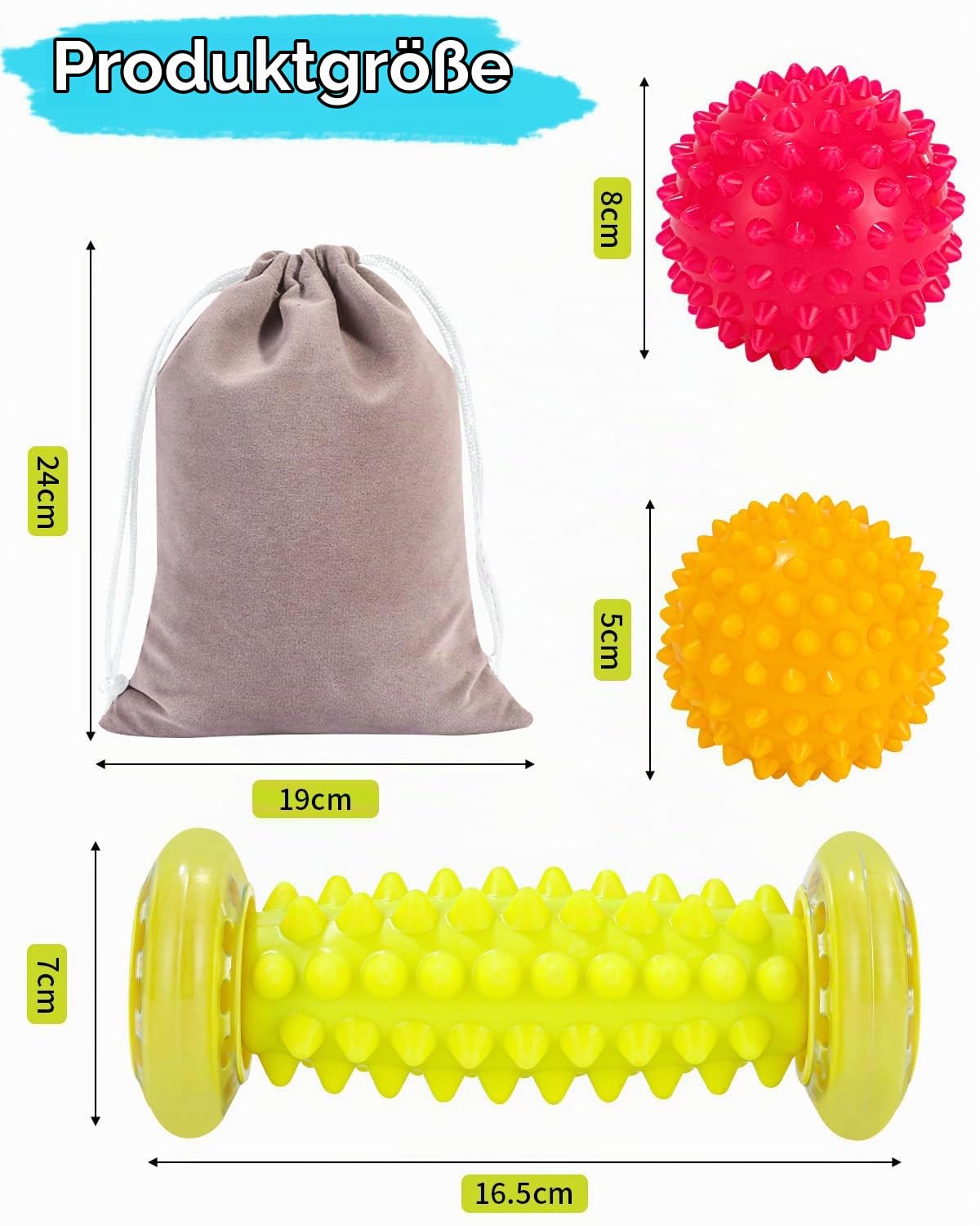 Massagebälle Igelball Set, Fußmassage Roller, Massagebälle für Plantarfasziitis mit Tragetasche, Premium Fußmassagegerät zur Stressreduzierung und Entspannung, Linderung von Muskelkater