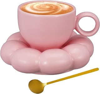 Weigudoc Juego de tazas de café de porcelana con platillo y cuchara en forma de nube, 185 ml tazas de té y platillo, lindas tazas de café en color macaron para oficina del hogar (rosa)
