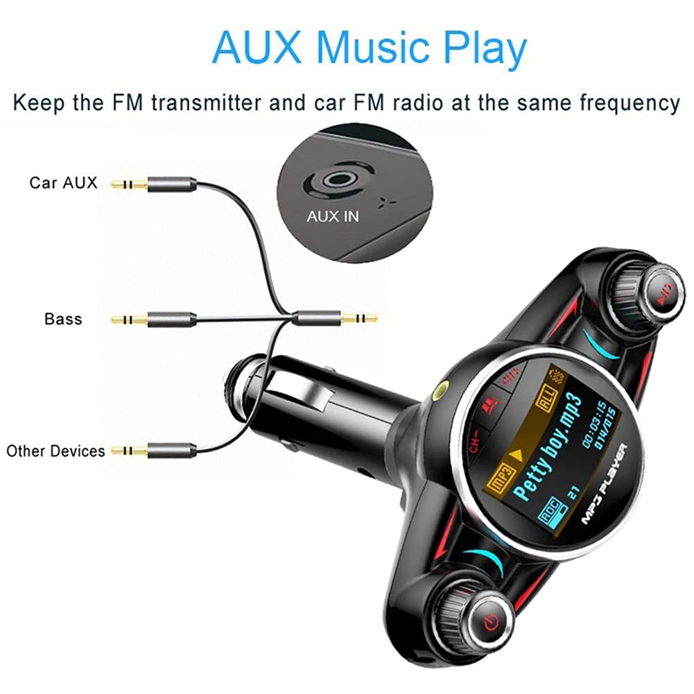 iSpchen Lecteur Mp3 Bluetooth De Voiture Transmetteur FM Récepteur Audio Bluetooth Aux sans Fil Adaptateur d'Autoradio à Rotation à 180 Degrés avec Chargeur De Voiture USB