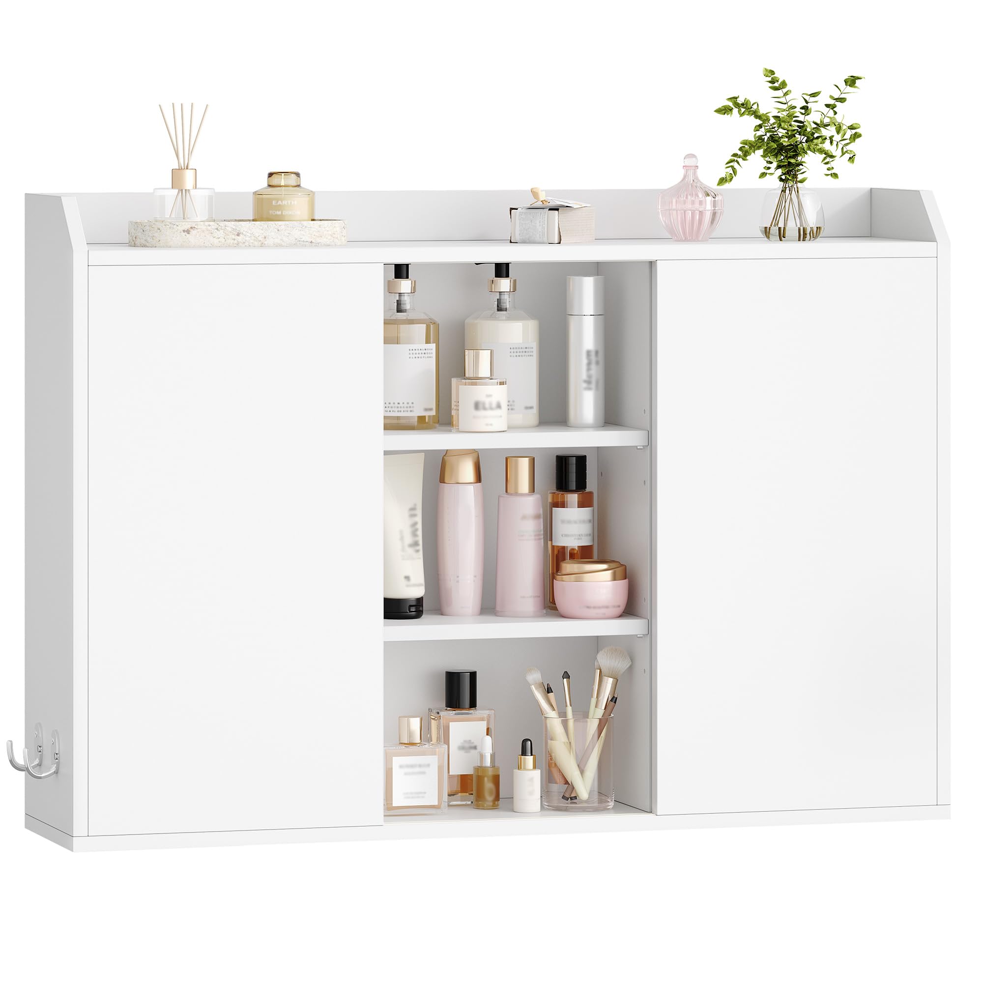Hzuaneri Hängeschrank, Wandschrank mit verstellbaren Ablagen, mit Schiebetüren und offenen Regalen, Wandmontierter Badezimmerschrank, 20 x 90 x 60 cm, Weiß BC40203X