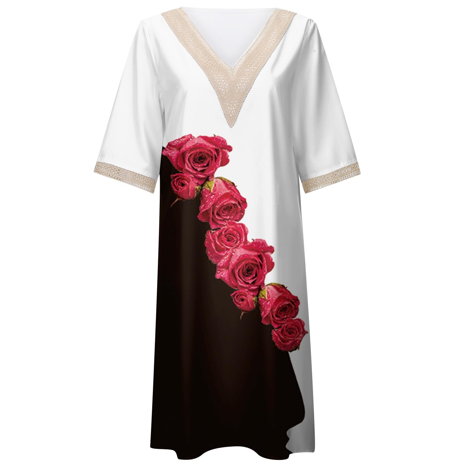 Robe à Manches Courtes à Col en V pour Femmes Décontractée Ample d’Été Longueur Genou Imprimé Bohè Robes en Dentelle Fluide Grande Taille Swing Midi Sun Jupe Fête Vacances Plage Floral Dress