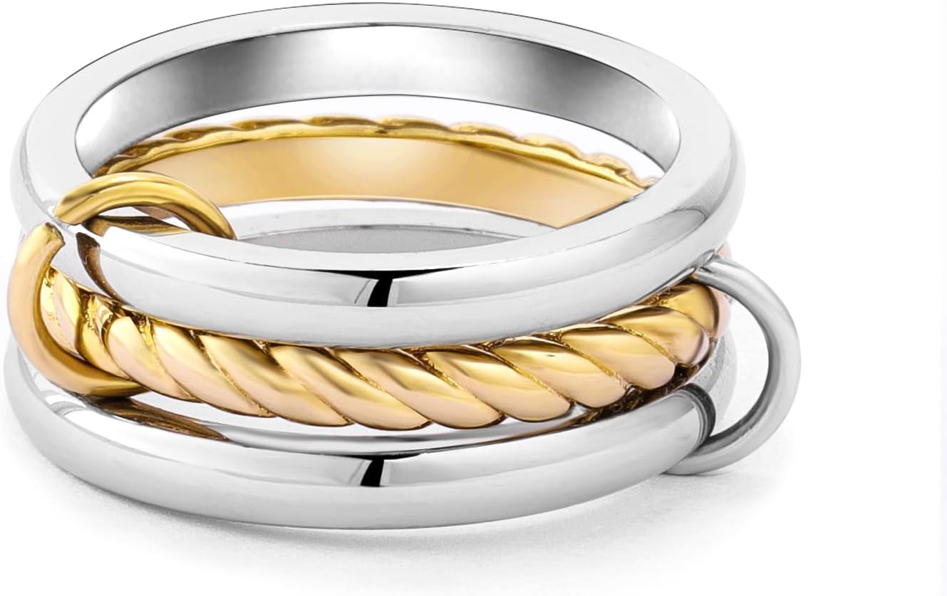 Stackable Rings for Women Non Tarnish: 18K Gold and Silver Rings Interlocking Ring Stack Set Mixed Metal Ring - Statement Rings for Women Dainty CZ Thumb Band Two-Tone Fashion Jewelry Gifts for Women