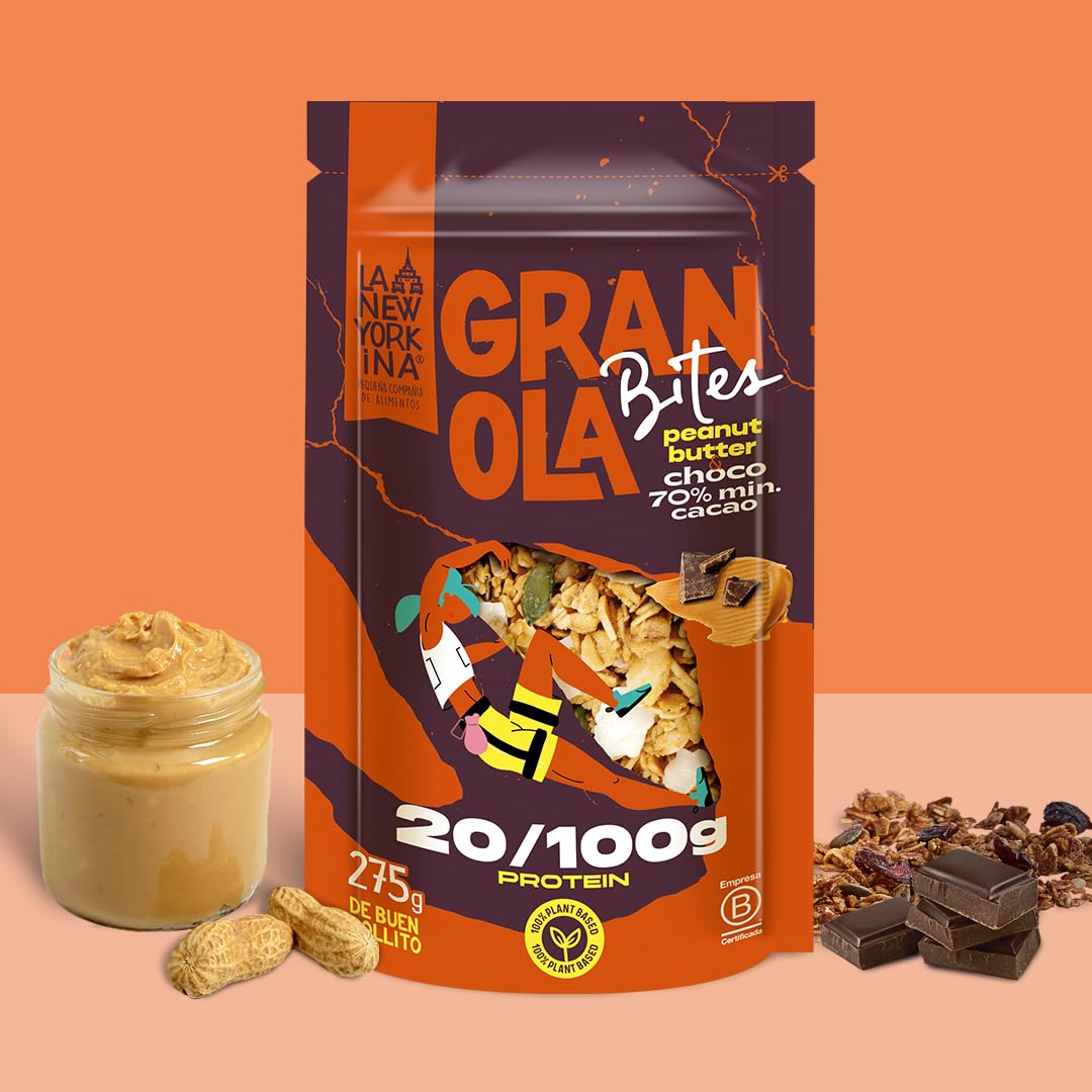 LA NEWYORKINA BITES Granola Peanut Butter Chocolate con avena y crema de cacahuete. Con mucho chocolate, casi el 22% del envase es chocolate con un mínimo del 70% de cacao. 275gr