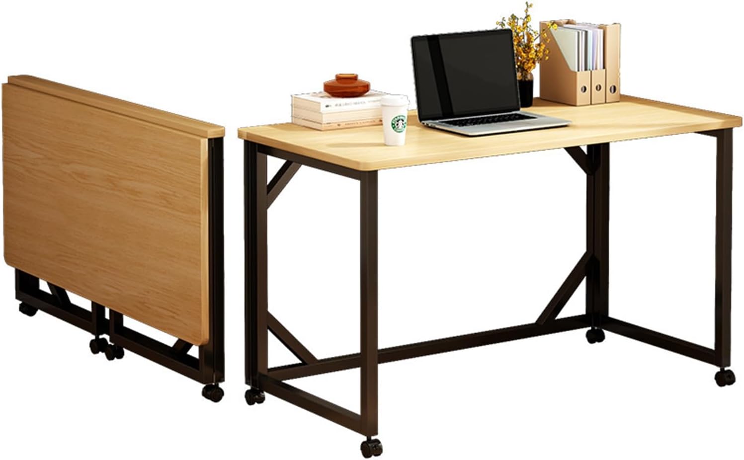 Mobile Folding Table,Folding Conference Table Artificial Board Steel Frame Folding Table, Folding Mobile Computer Desk with Pulleys, for Conference Room, Study, Office