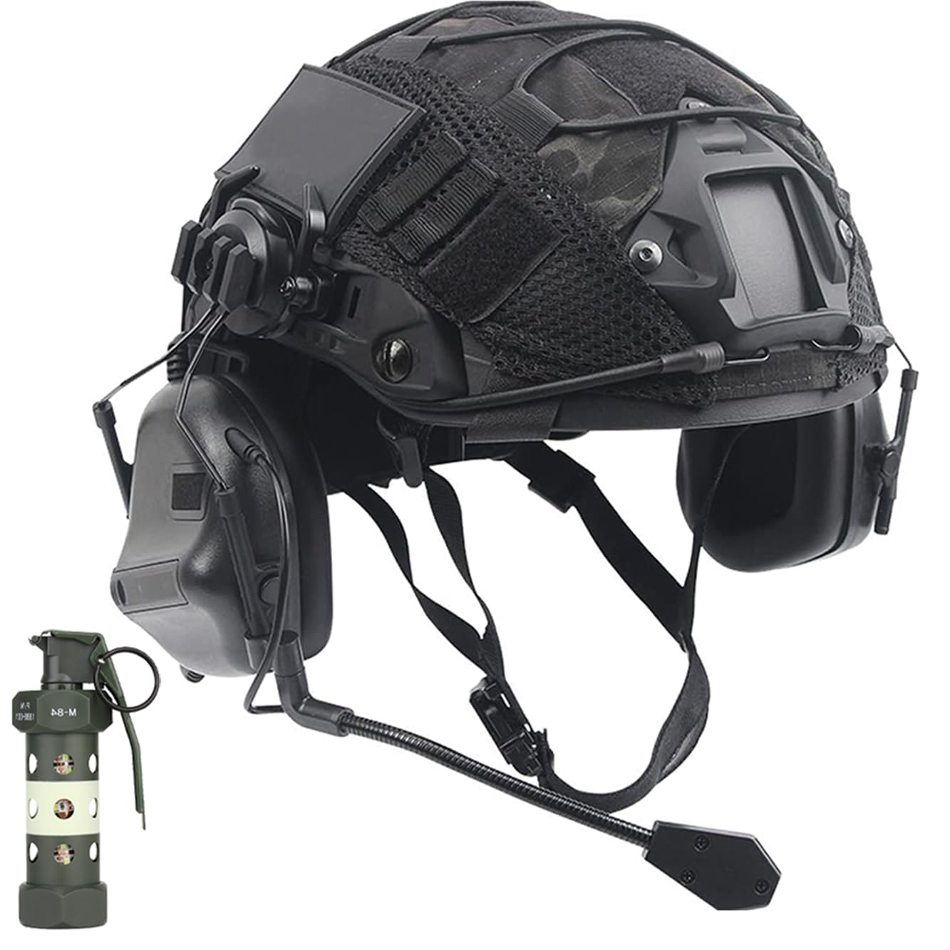 Fast PJ Tactical Helmet Set for Paintball Airsoft Hunting CQB Cs Military Games,with Tactical Headset Helmet Cover Dummy Flashbang Model Light